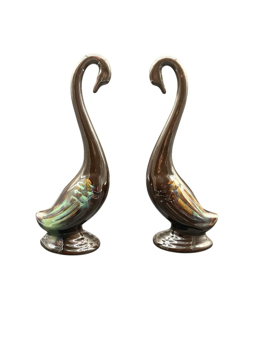 Vtg MCM Drip Glaze Ceramic Swan Sculptures By A Price Import Japan 9.5"H